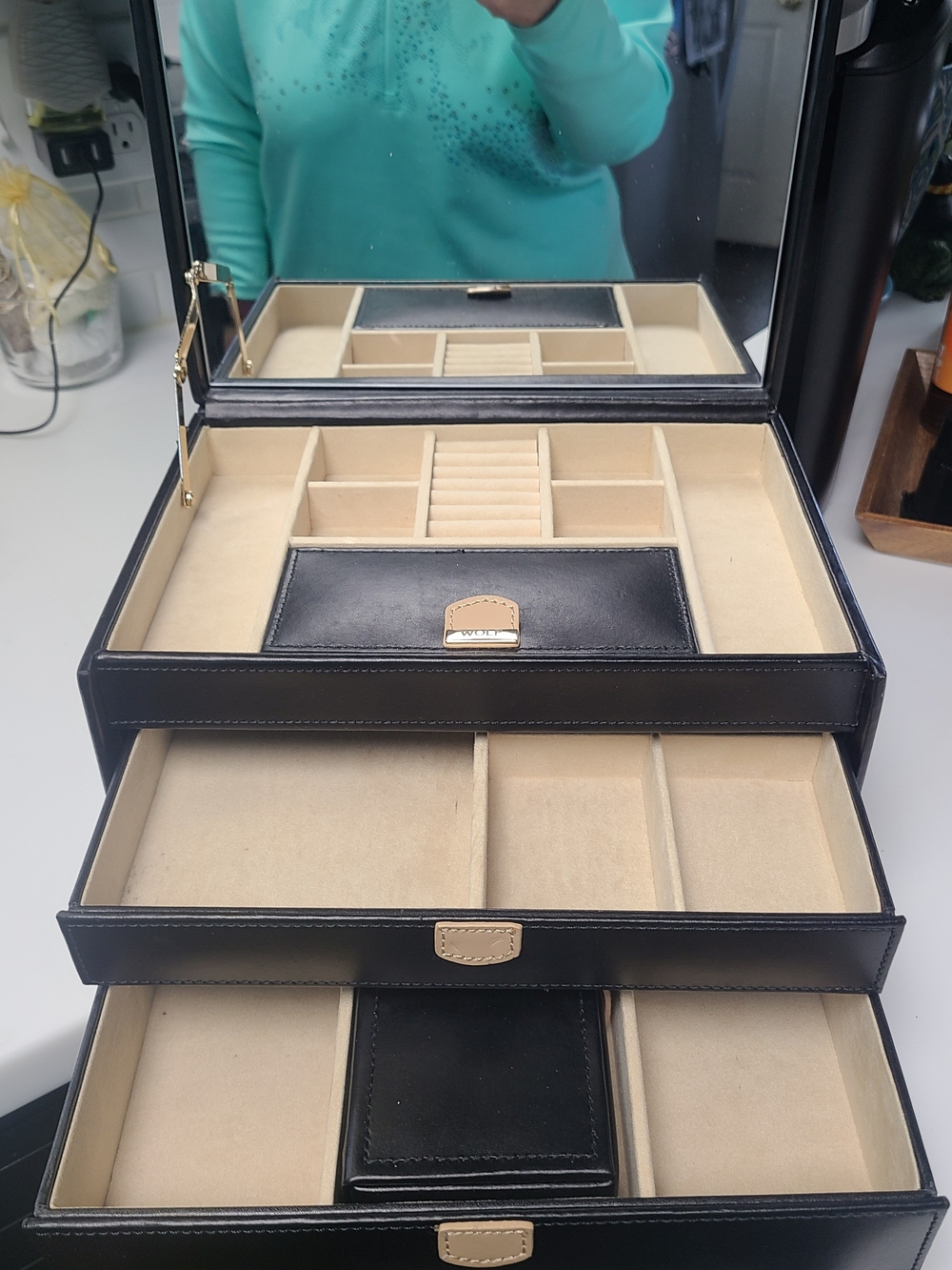 WOLF Black Leather Men’s Jewelry Organizer with Beige Interior.
